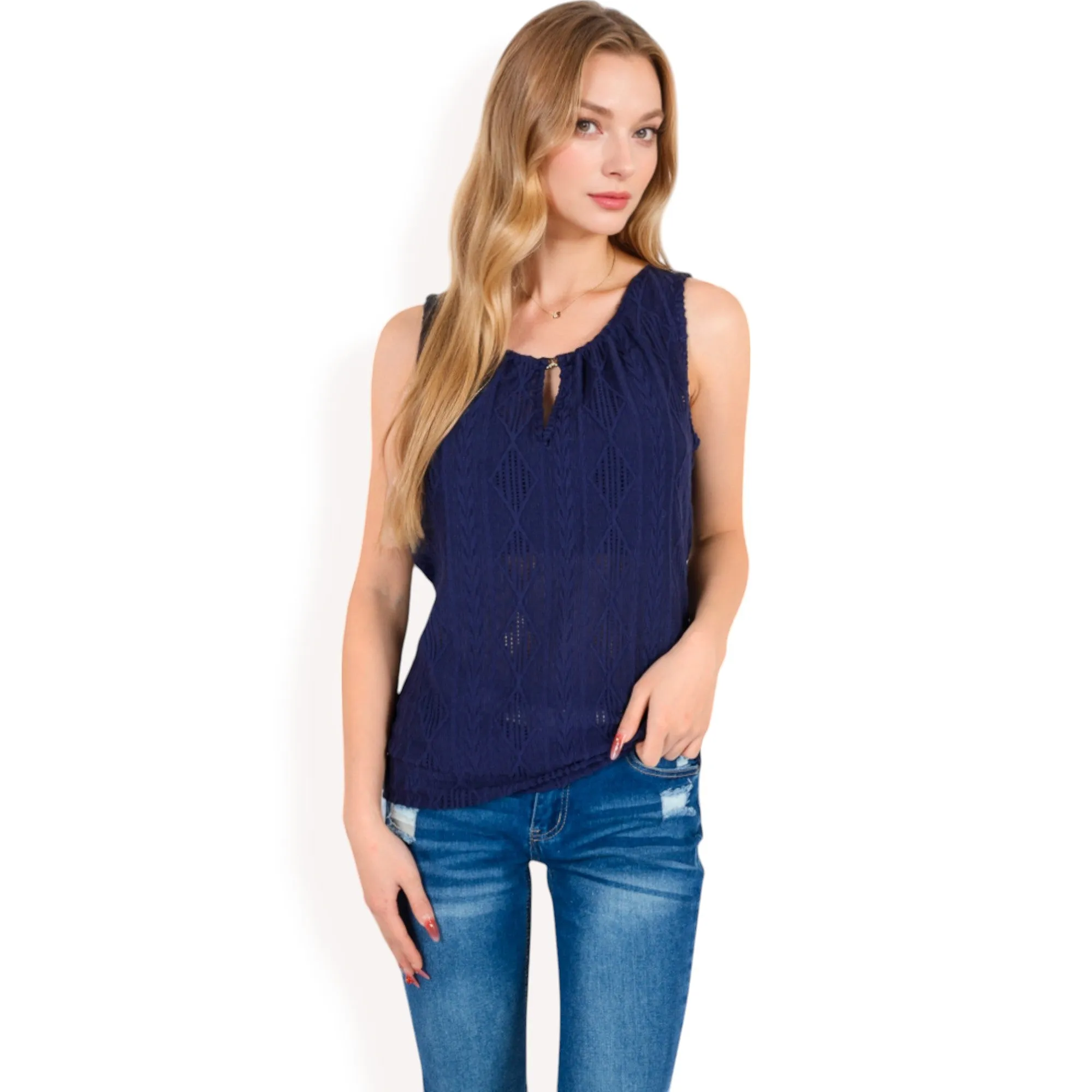 Anna-Kaci Women's Sleeveless Blouse with Keyhole Neckline and Geometric Eyelet Design