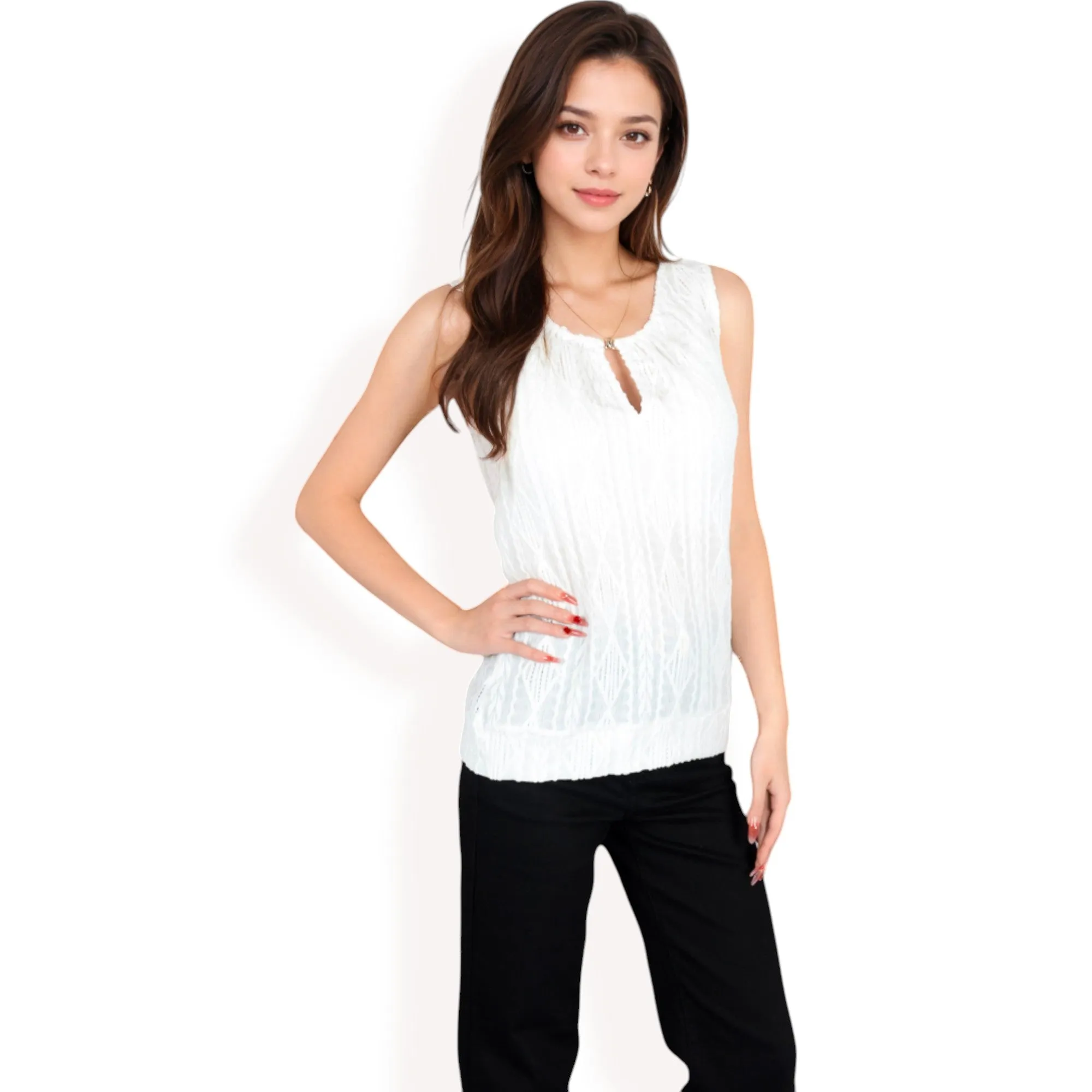 Anna-Kaci Women's Sleeveless Blouse with Keyhole Neckline and Geometric Eyelet Design
