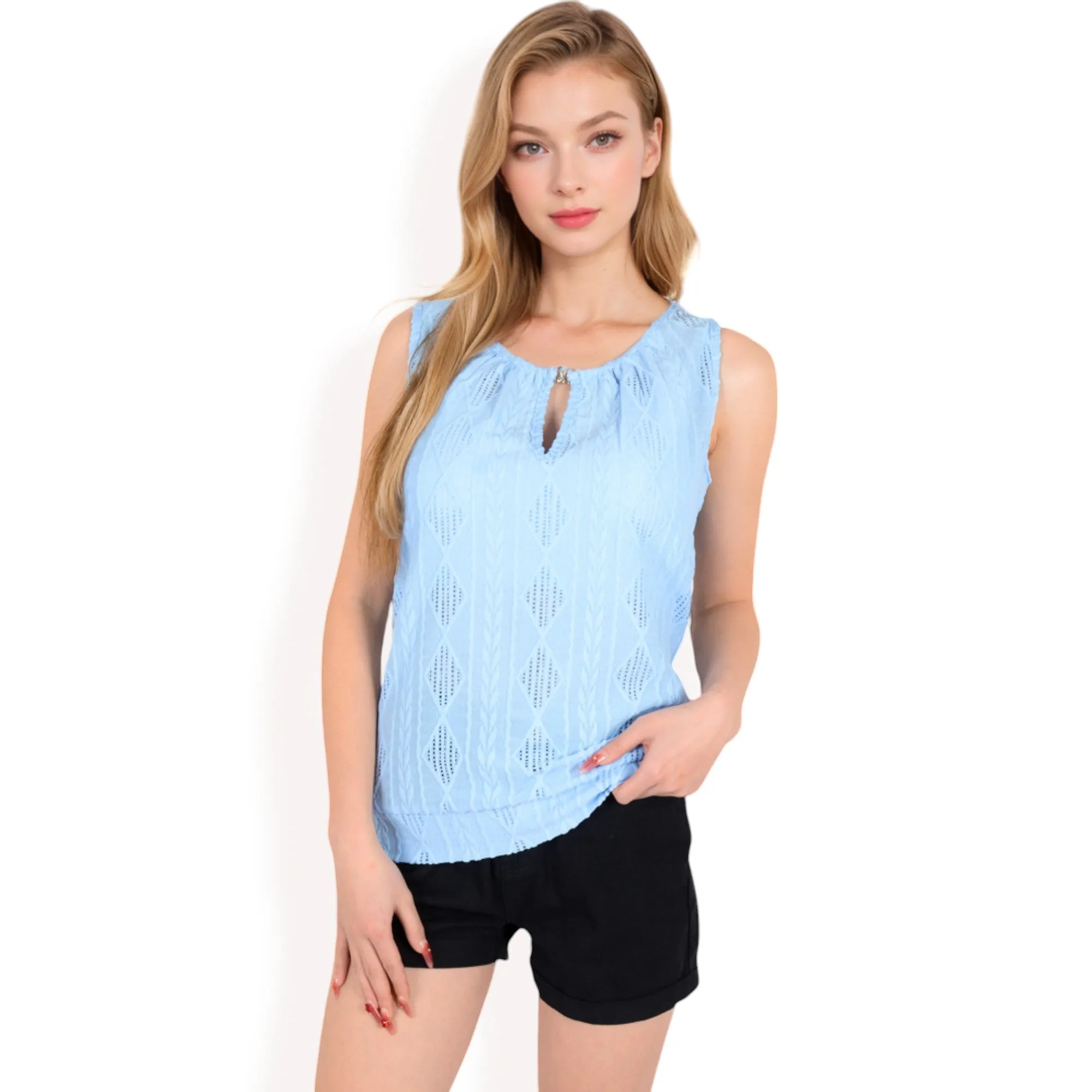 Anna-Kaci Women's Sleeveless Blouse with Keyhole Neckline and Geometric Eyelet Design