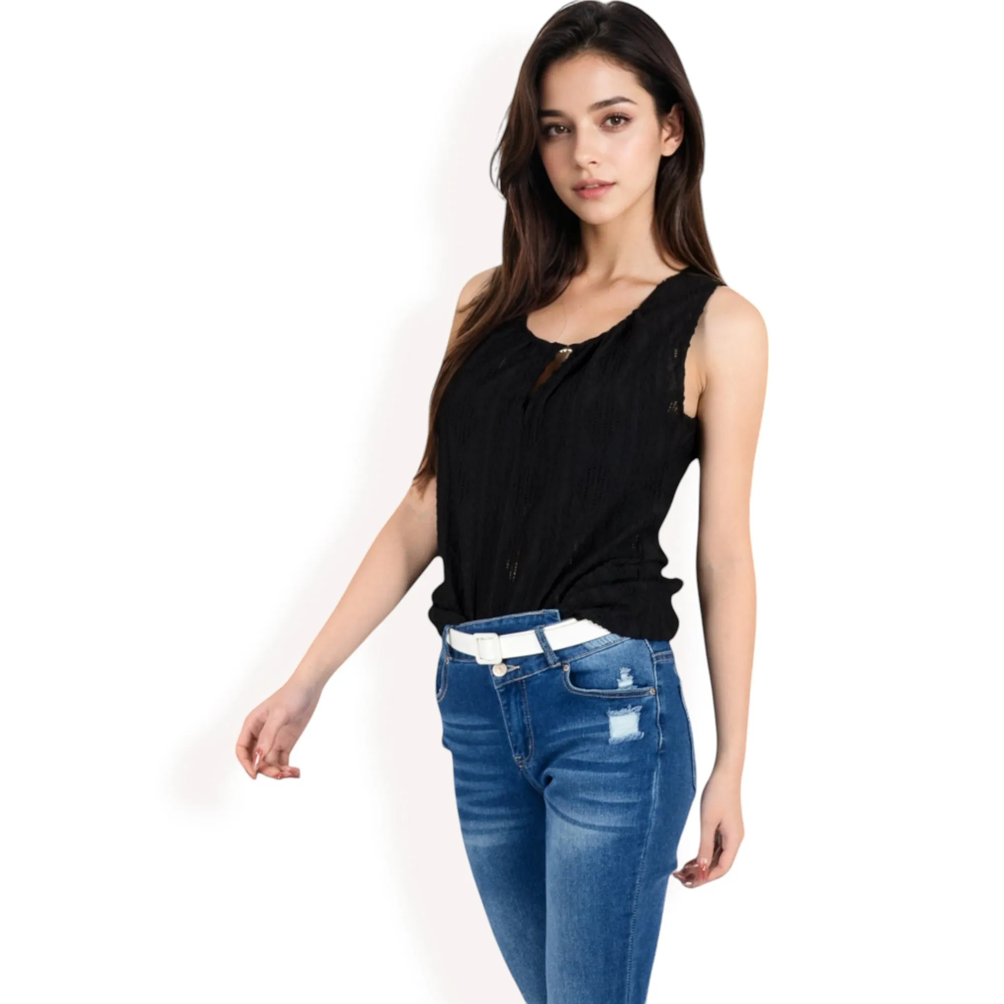 Anna-Kaci Women's Sleeveless Blouse with Keyhole Neckline and Geometric Eyelet Design