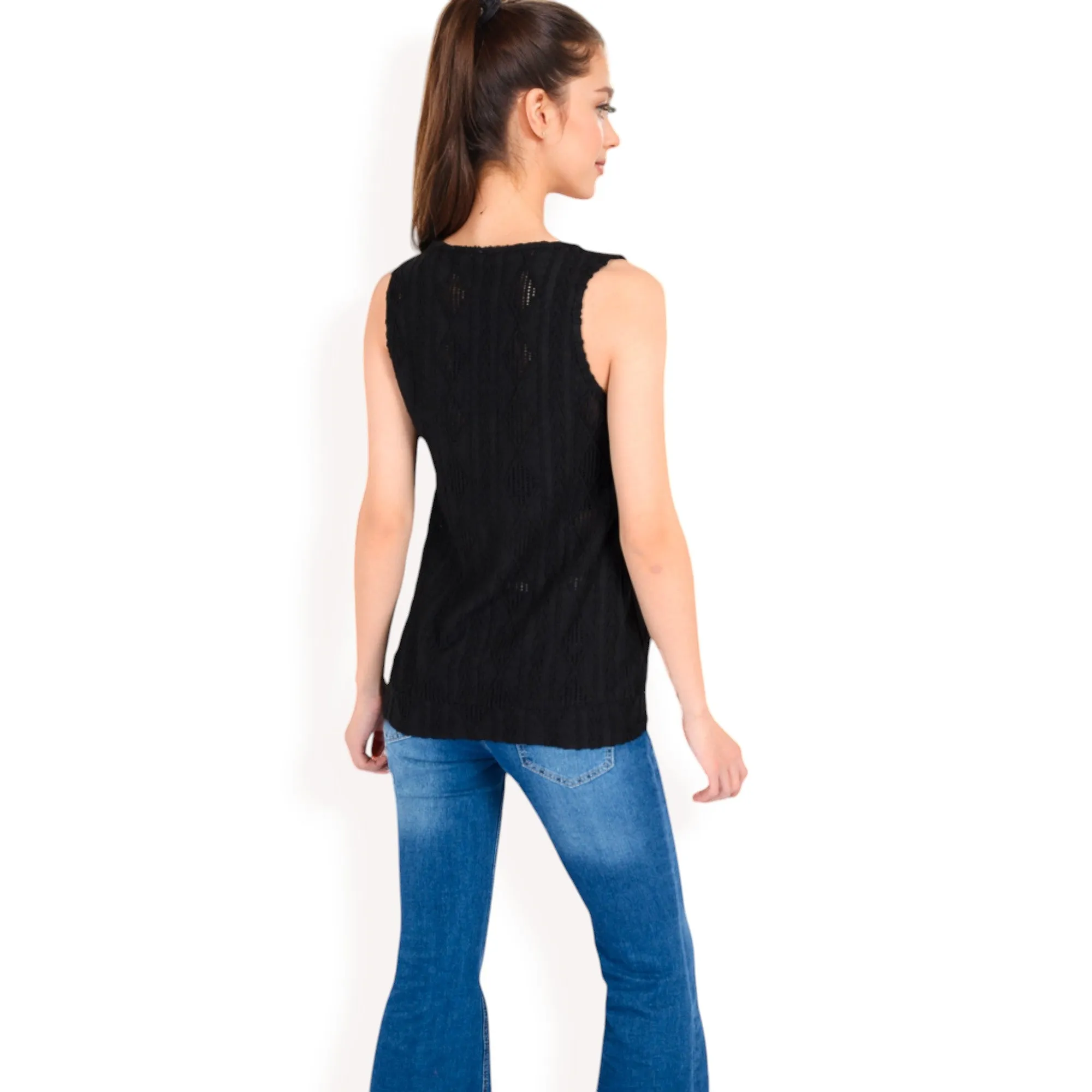 Anna-Kaci Women's Sleeveless Blouse with Keyhole Neckline and Geometric Eyelet Design
