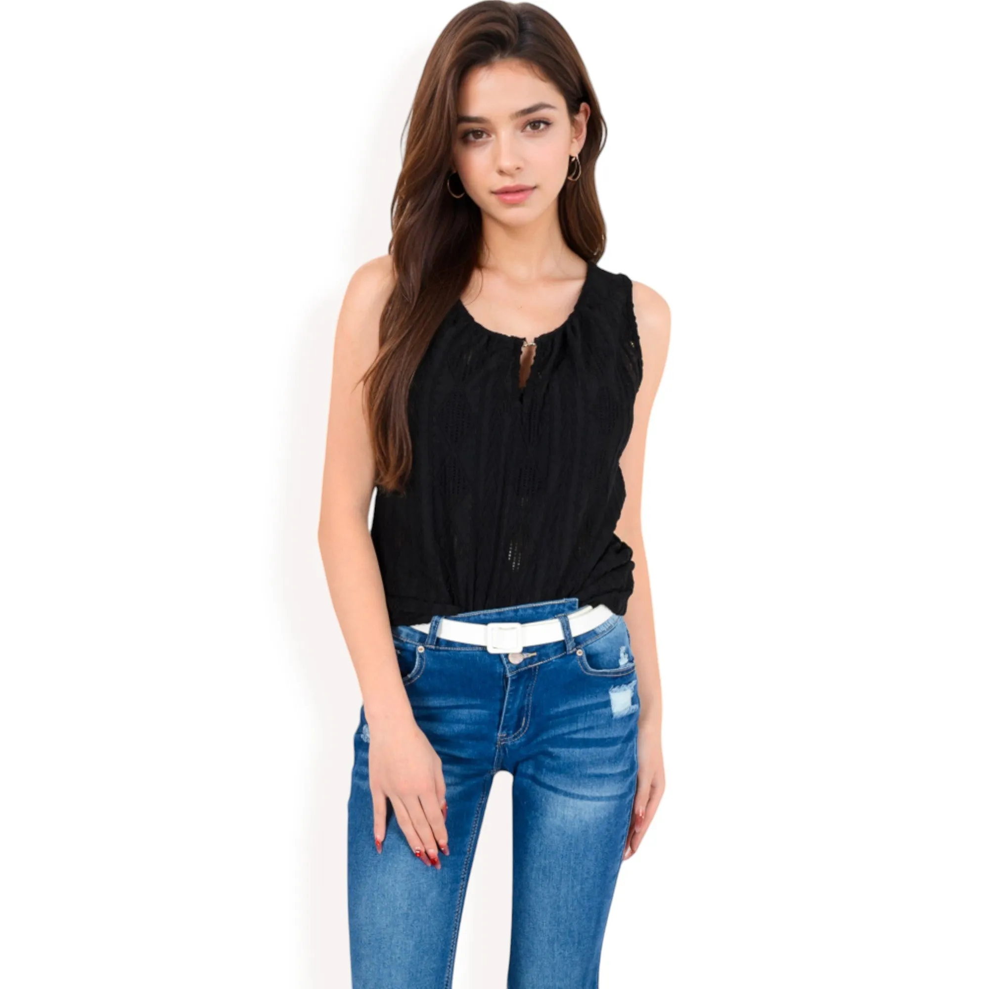 Anna-Kaci Women's Sleeveless Blouse with Keyhole Neckline and Geometric Eyelet Design