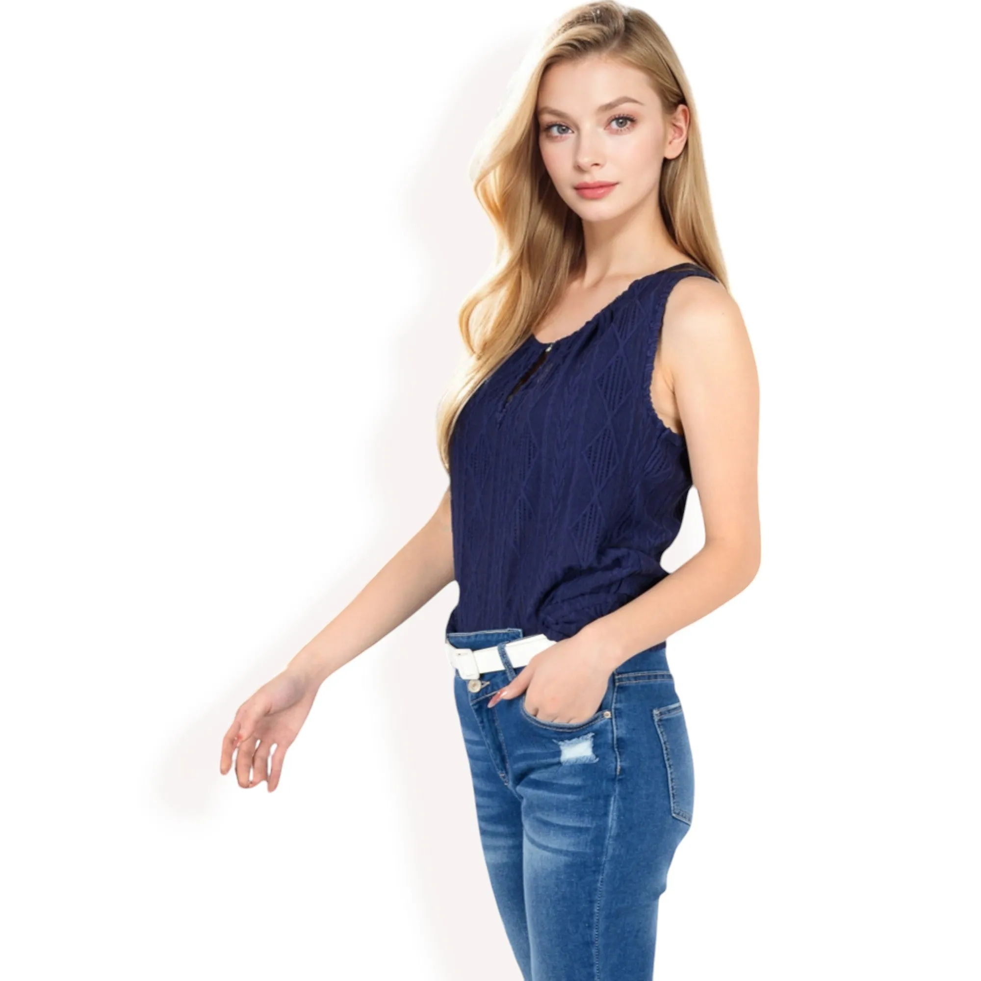Anna-Kaci Women's Sleeveless Blouse with Keyhole Neckline and Geometric Eyelet Design
