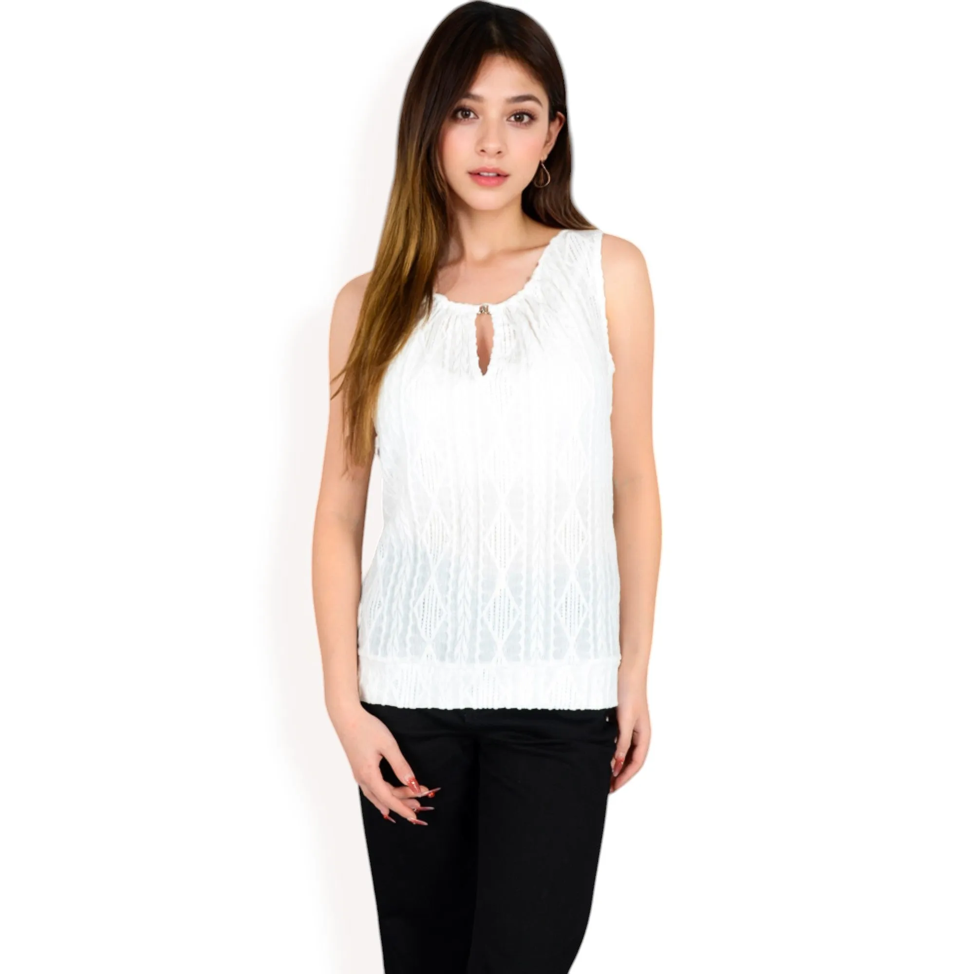 Anna-Kaci Women's Sleeveless Blouse with Keyhole Neckline and Geometric Eyelet Design