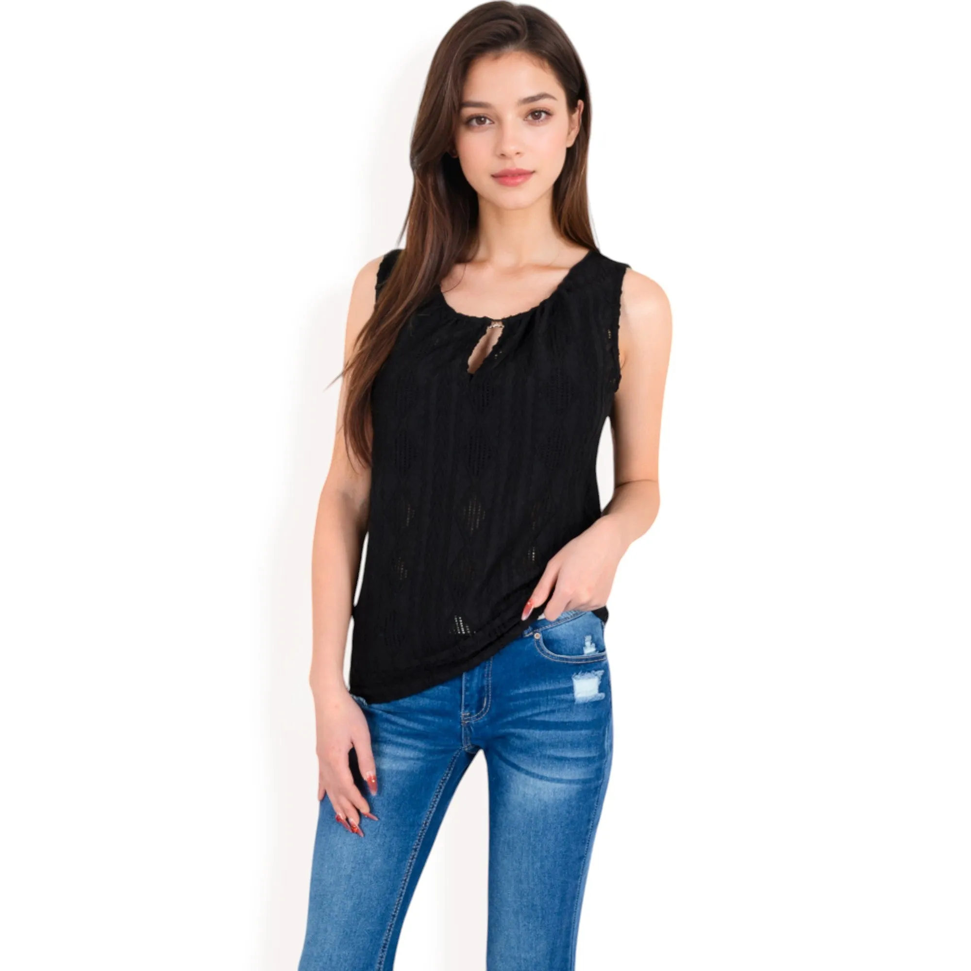 Anna-Kaci Women's Sleeveless Blouse with Keyhole Neckline and Geometric Eyelet Design