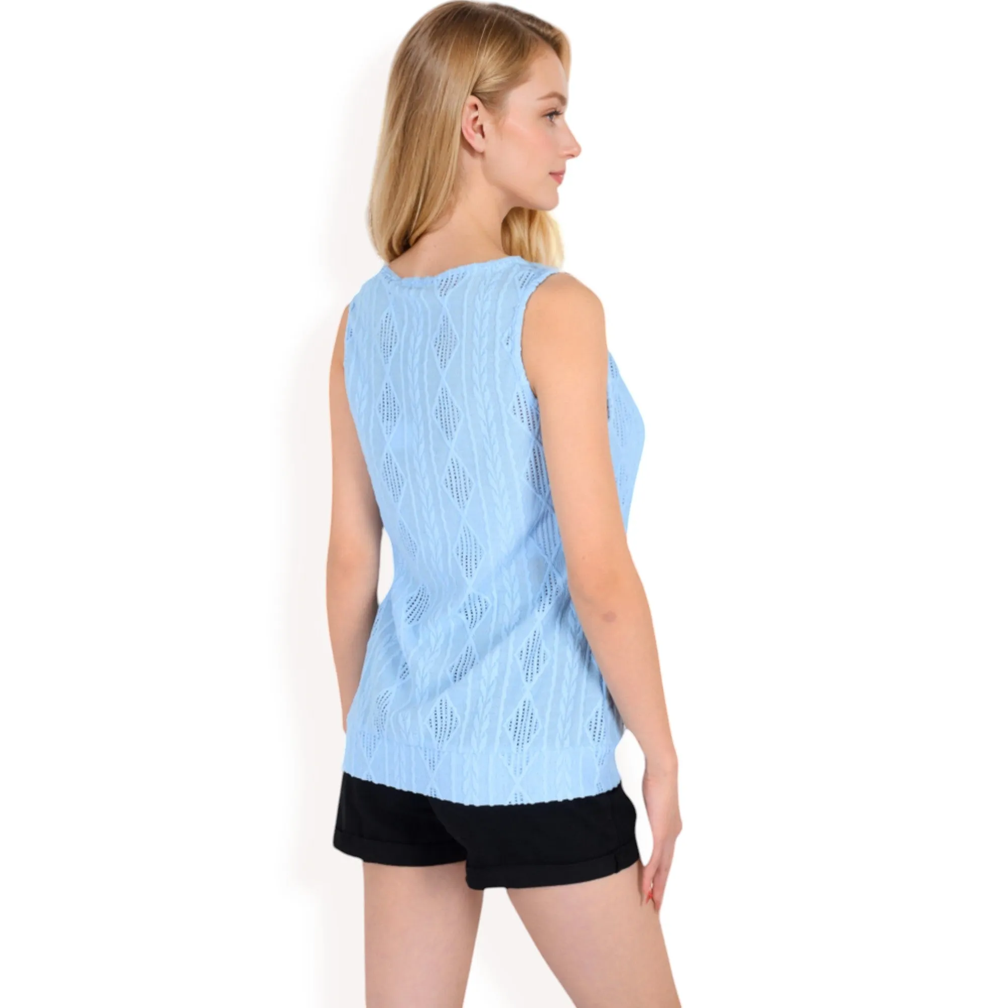 Anna-Kaci Women's Sleeveless Blouse with Keyhole Neckline and Geometric Eyelet Design