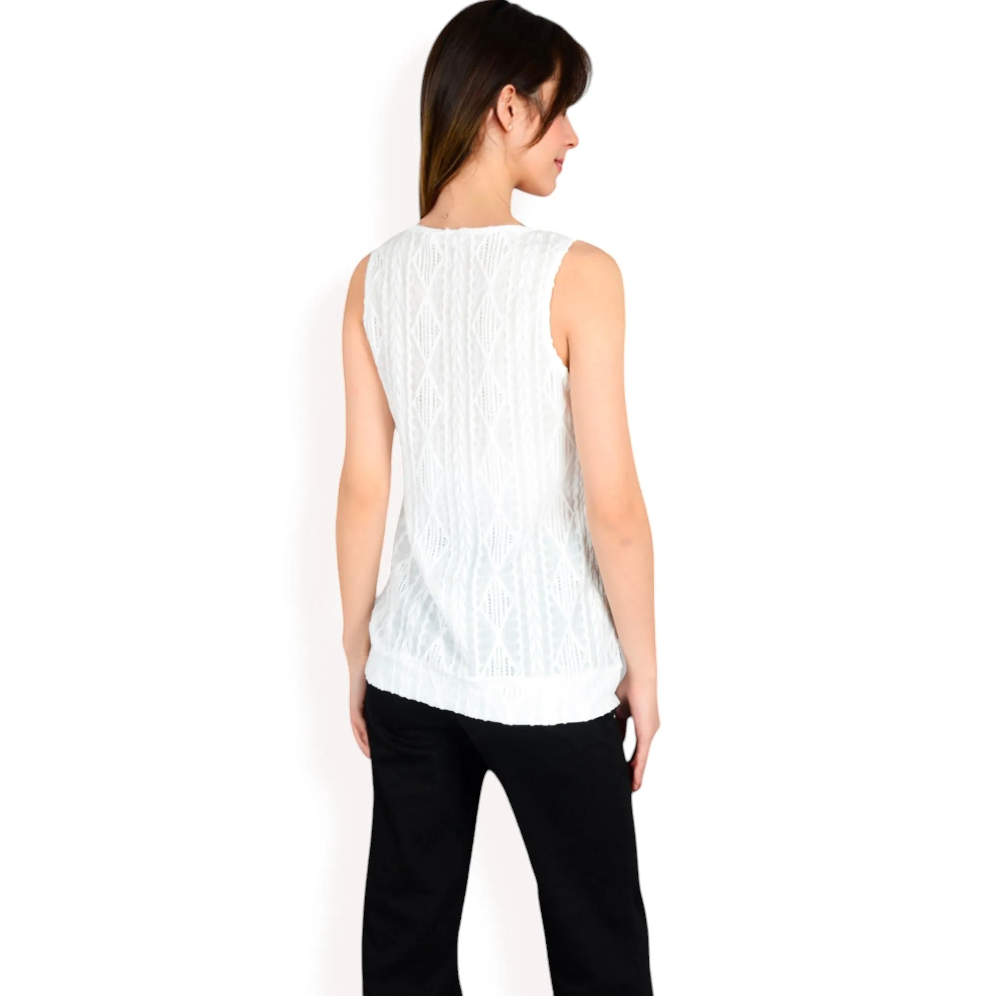 Anna-Kaci Women's Sleeveless Blouse with Keyhole Neckline and Geometric Eyelet Design