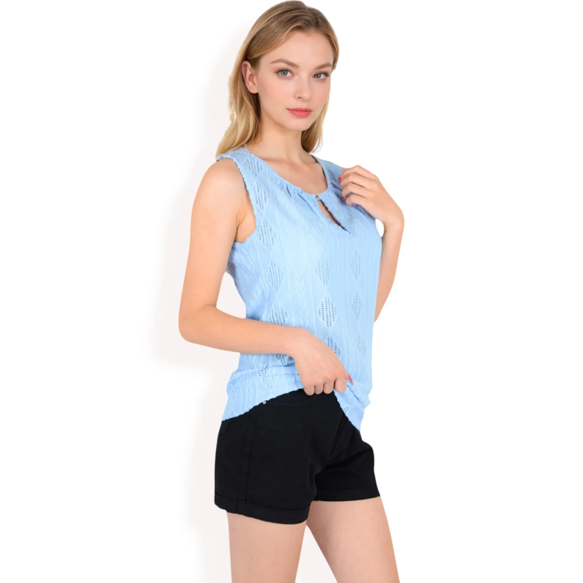 Anna-Kaci Women's Sleeveless Blouse with Keyhole Neckline and Geometric Eyelet Design