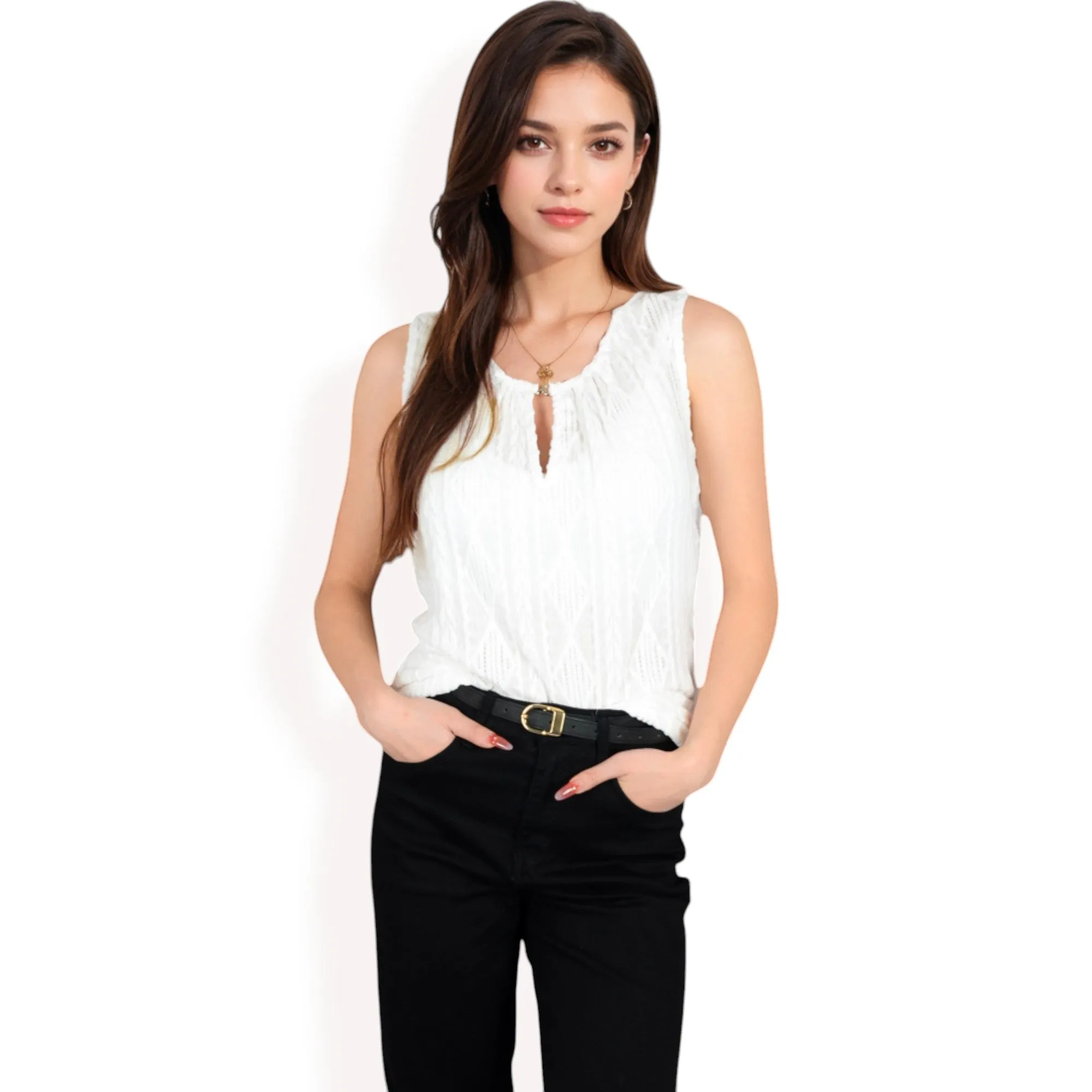 Anna-Kaci Women's Sleeveless Blouse with Keyhole Neckline and Geometric Eyelet Design