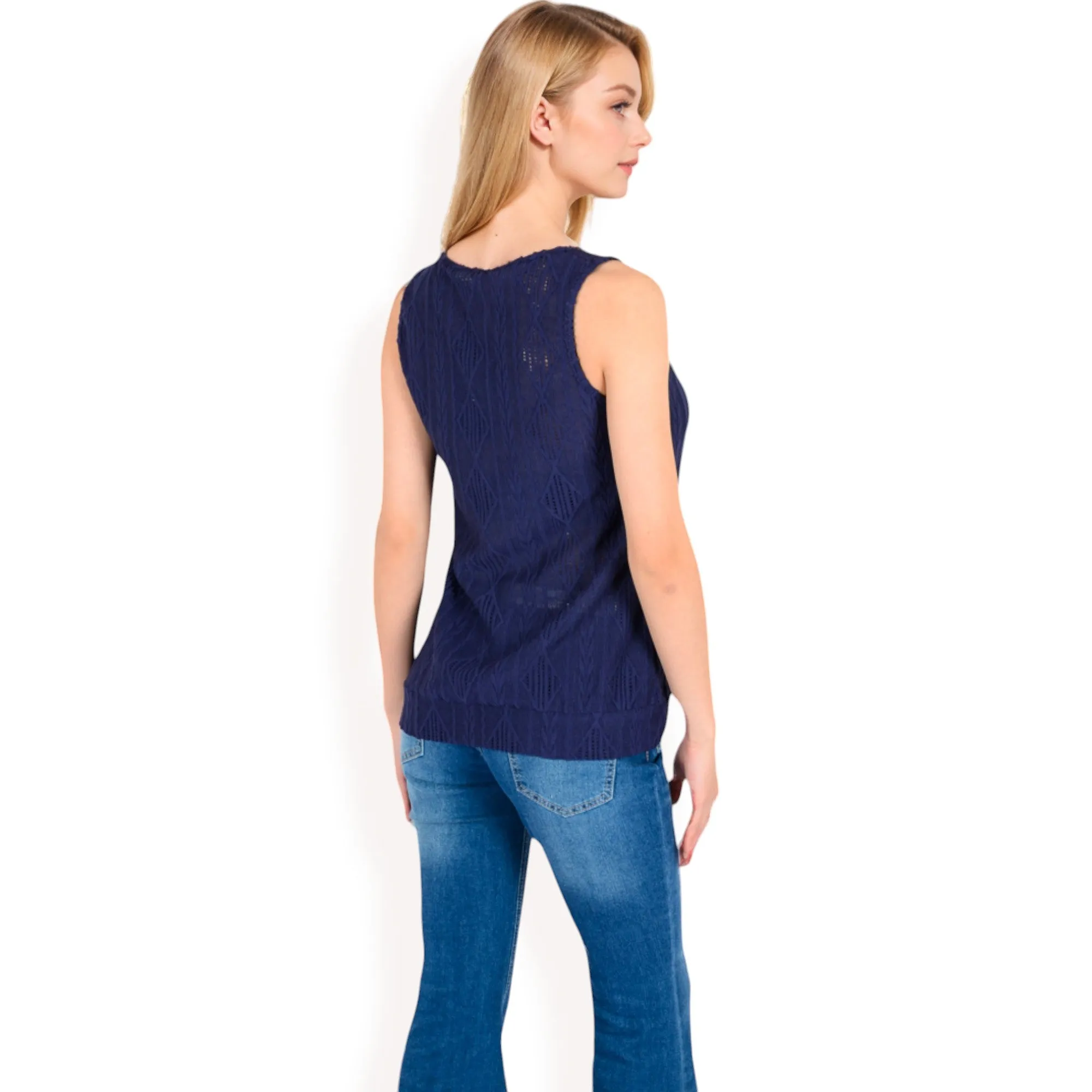 Anna-Kaci Women's Sleeveless Blouse with Keyhole Neckline and Geometric Eyelet Design