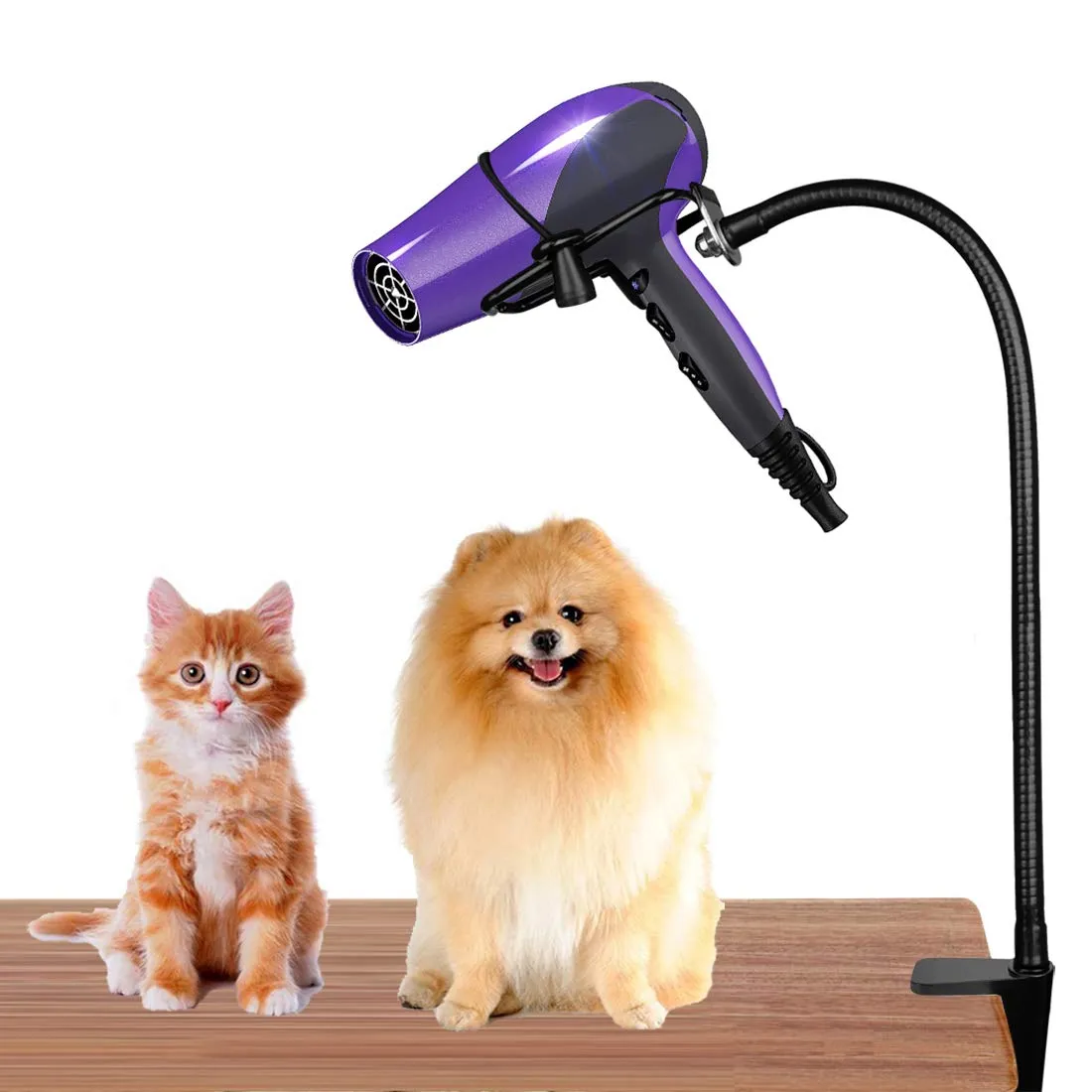 CHRUNONE Hands Free Blow Dryer Holder, Stainless Steel Hair Dryer Stand Clamp Mount for Countertop, Adjustable Hair Dryer Holder for Dog Grooming Table Arm with Clamp (Black)