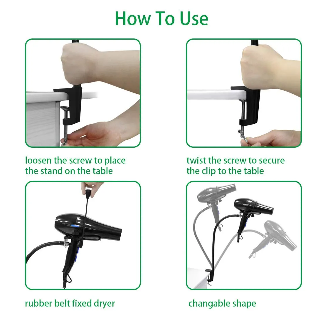 CHRUNONE Hands Free Blow Dryer Holder, Stainless Steel Hair Dryer Stand Clamp Mount for Countertop, Adjustable Hair Dryer Holder for Dog Grooming Table Arm with Clamp (Black)
