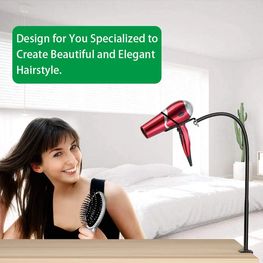 CHRUNONE Hands Free Blow Dryer Holder, Stainless Steel Hair Dryer Stand Clamp Mount for Countertop, Adjustable Hair Dryer Holder for Dog Grooming Table Arm with Clamp (Black)