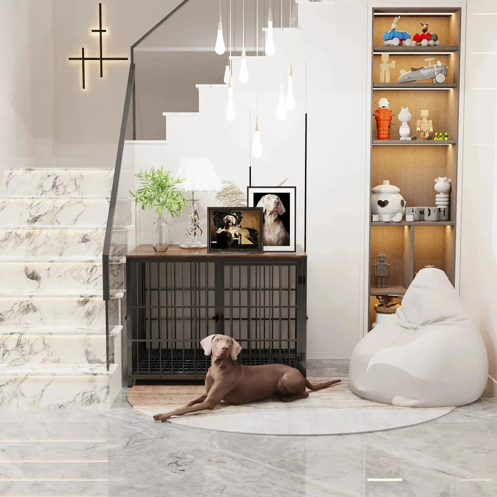 Dog Crate Furniture Pet Kennel End Table Metal Dog Kennel with Three Doors with Locks and Removable Tray, White/Black