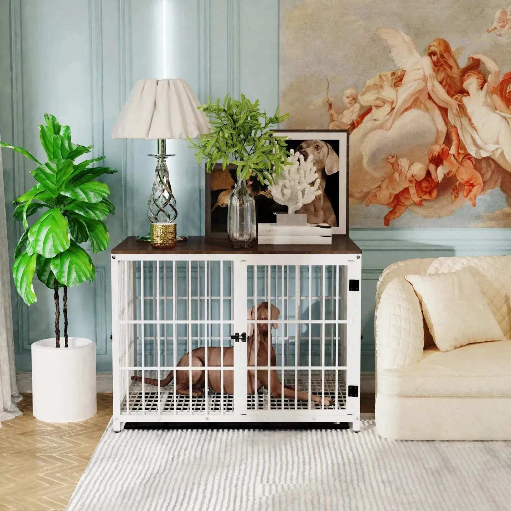 Dog Crate Furniture Pet Kennel End Table Metal Dog Kennel with Three Doors with Locks and Removable Tray, White/Black