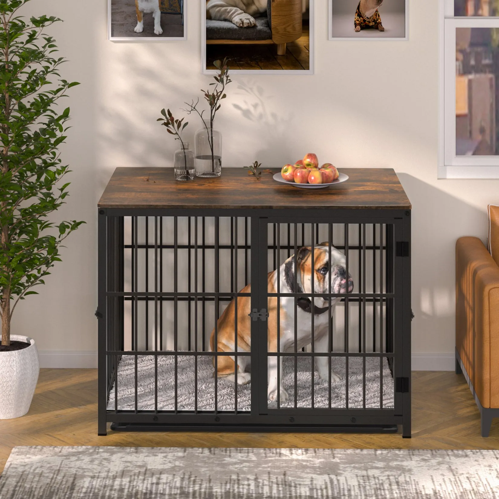 Furniture Style Wooden Dog Crate Pet Kennel End Table with Three Doors and Tray
