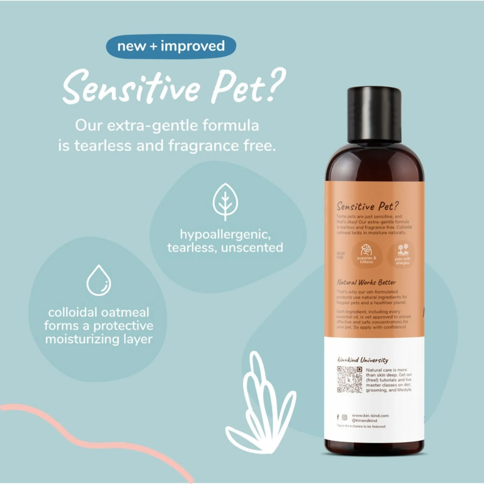 Kin   Kind Sensitive Skin Natural Shampoo for Puppies & Kittens Unscented, 12 oz