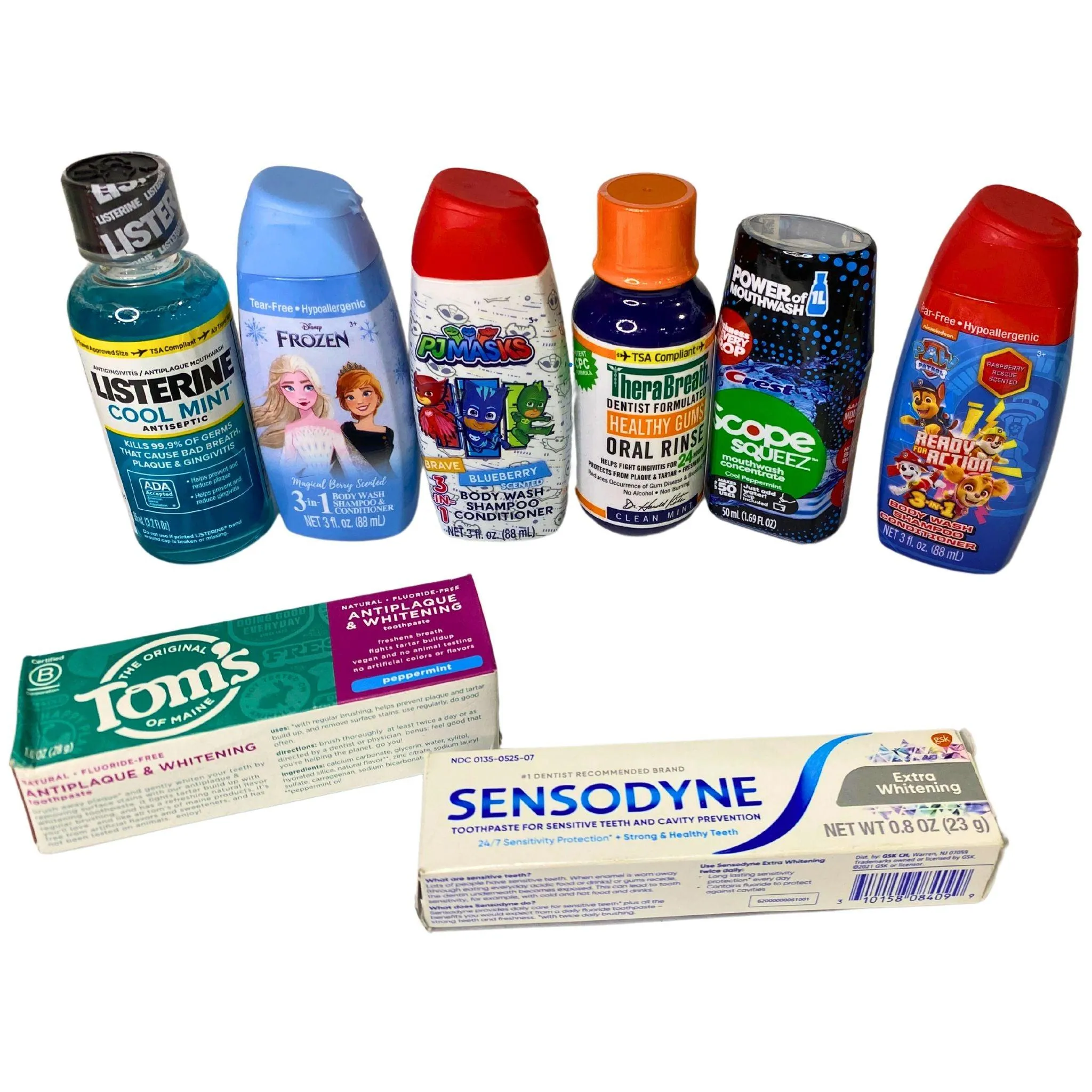 Minis Mix Includes Assorted Childrens 3 In 1 Body Wash , Shampoo & Conditioner , Mouthwash & Toothpaste (65 Pcs Lot)