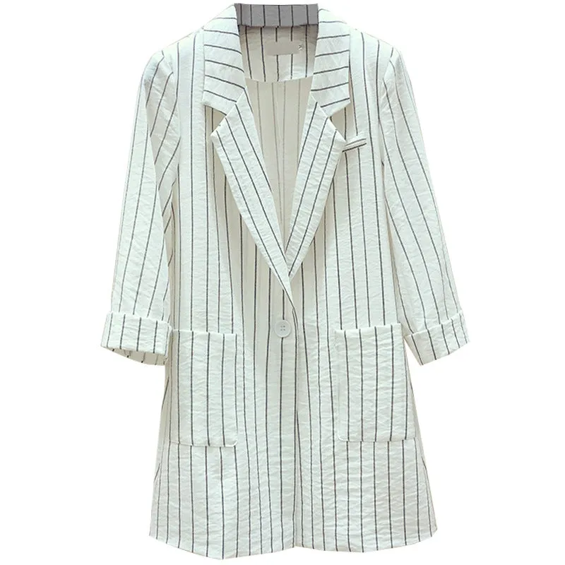 Striped Blazer Women Mid-Length Popular Casual Suit Korean Thin Breathable Outerwear
